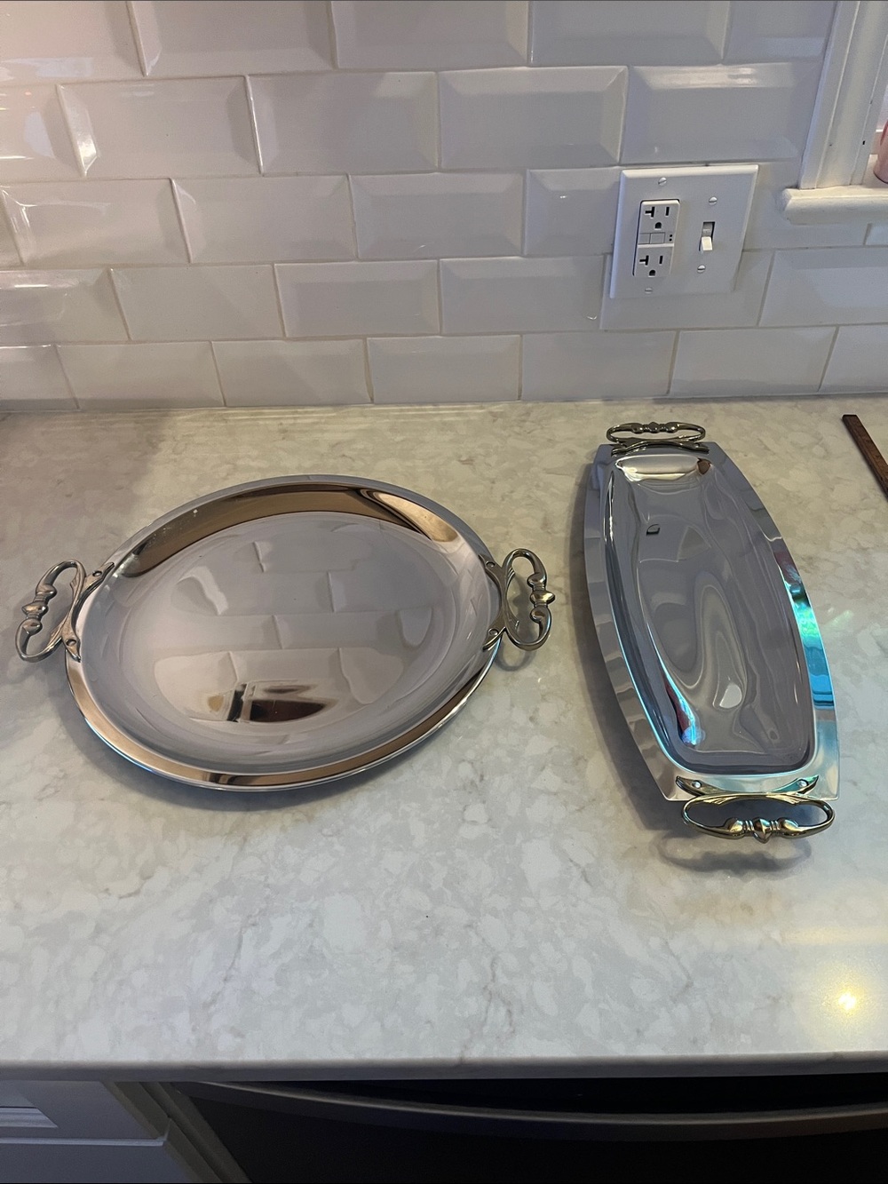 Kromex Mid Century Serving Trays  platters chrome brass handles mixed metal